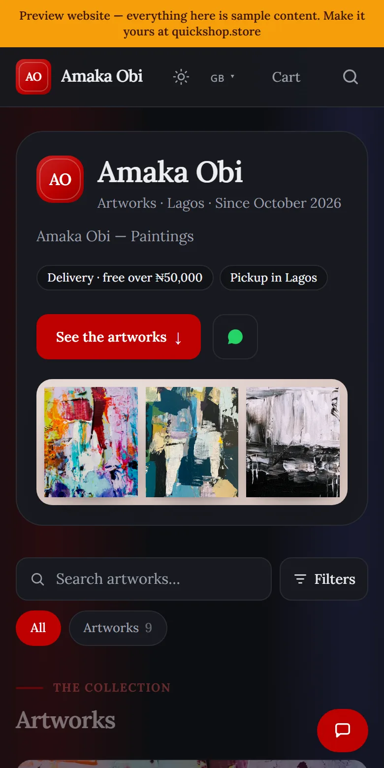 An artist website made by QuickShop