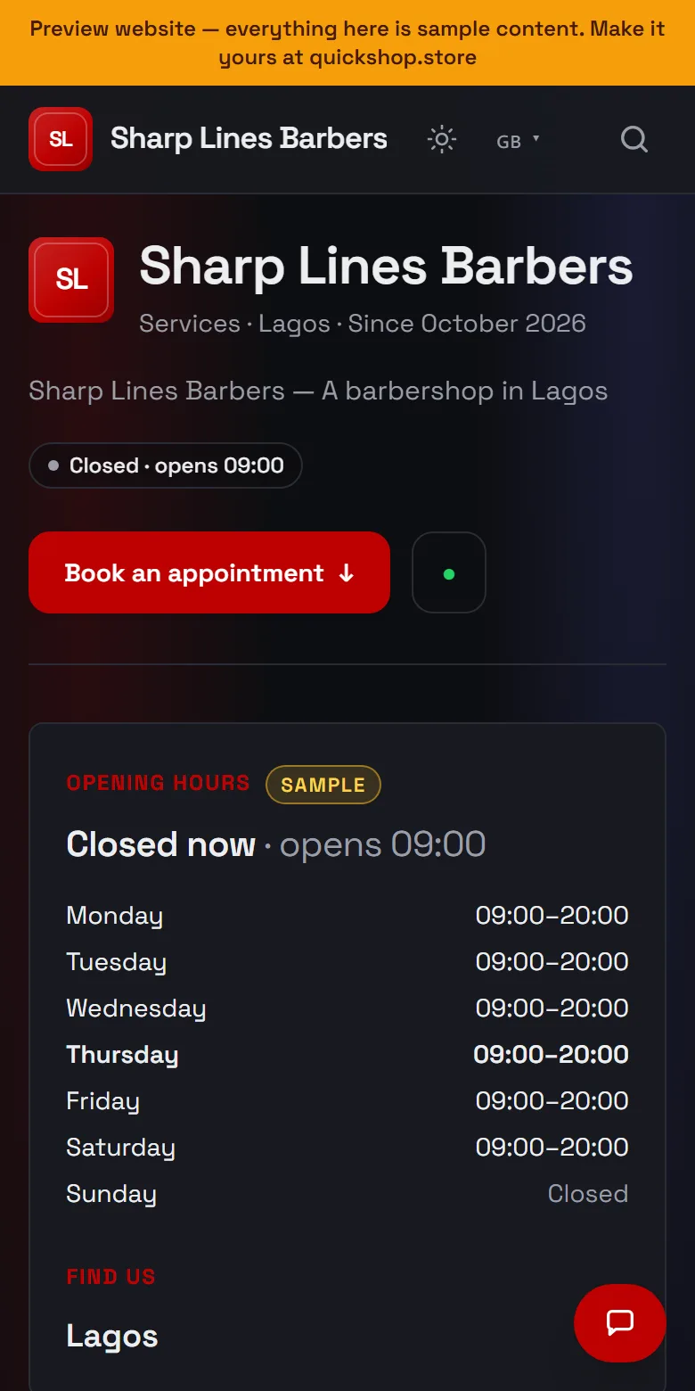 A barber website made by QuickShop