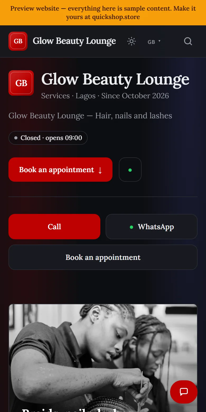 A beauty professional website made by QuickShop