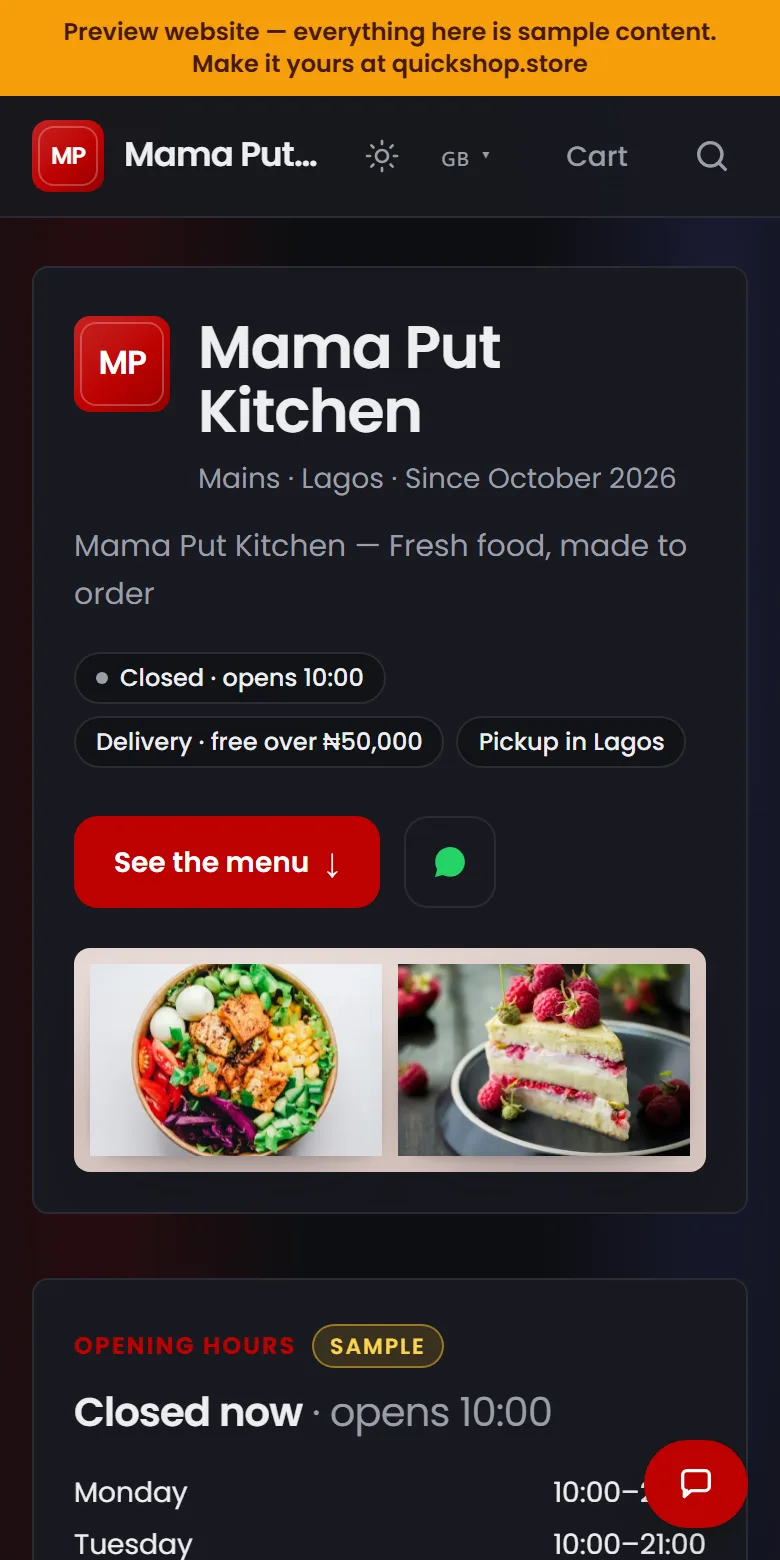 Mama Put Kitchen: a real QuickShop website for a cafe - a menu people order from