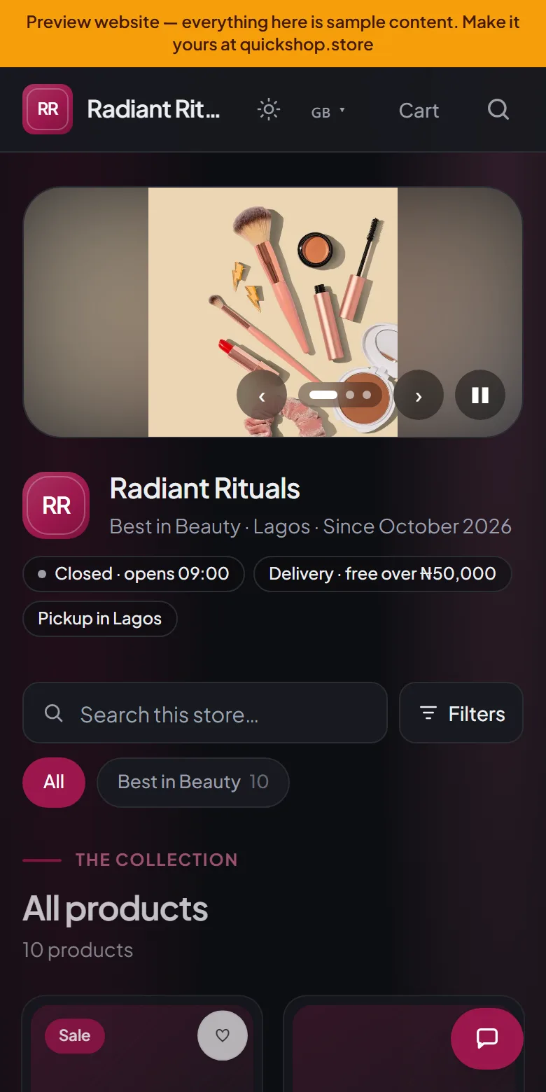 A catalogue / showroom website made by QuickShop