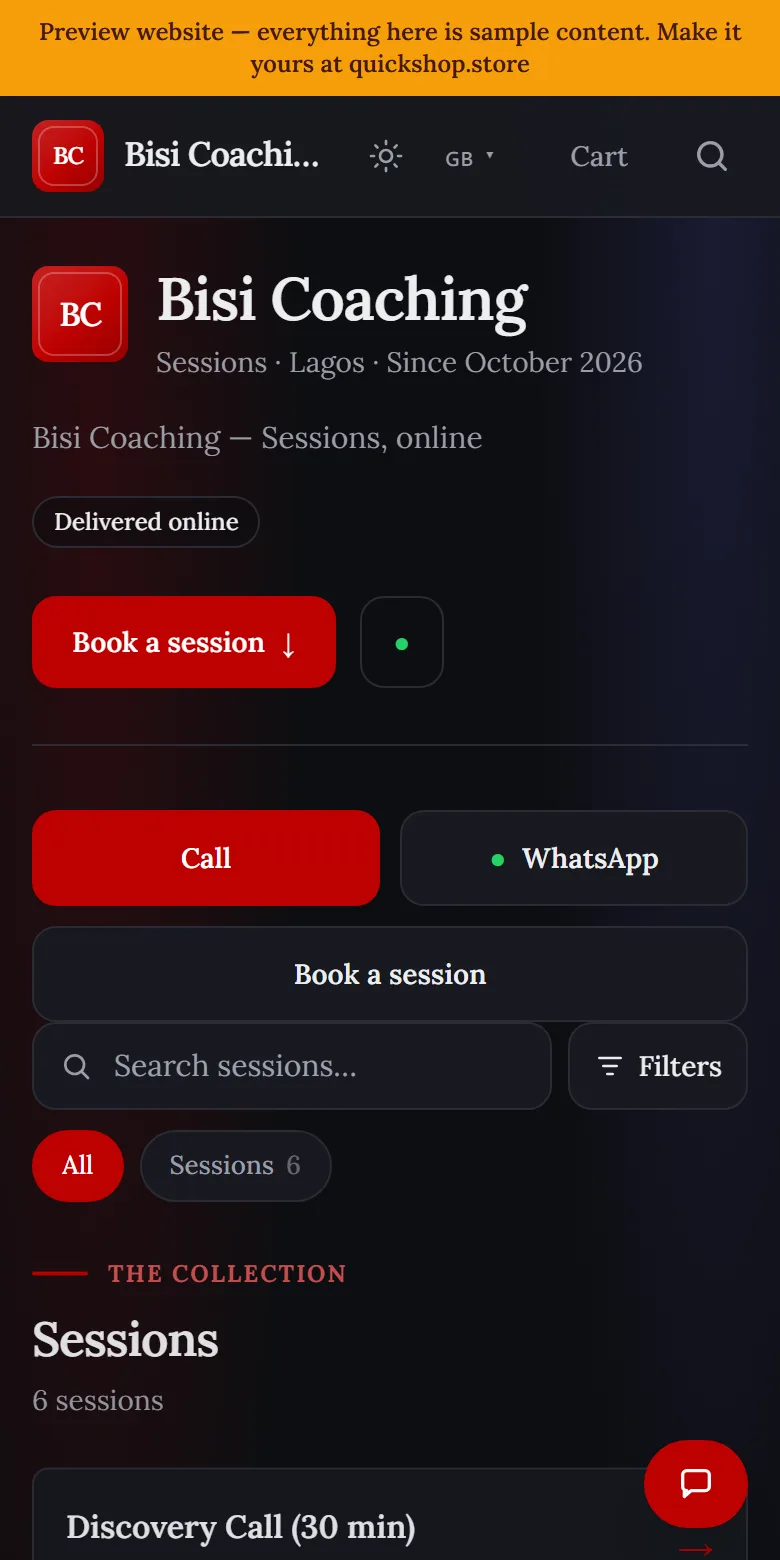 A coach website made by QuickShop