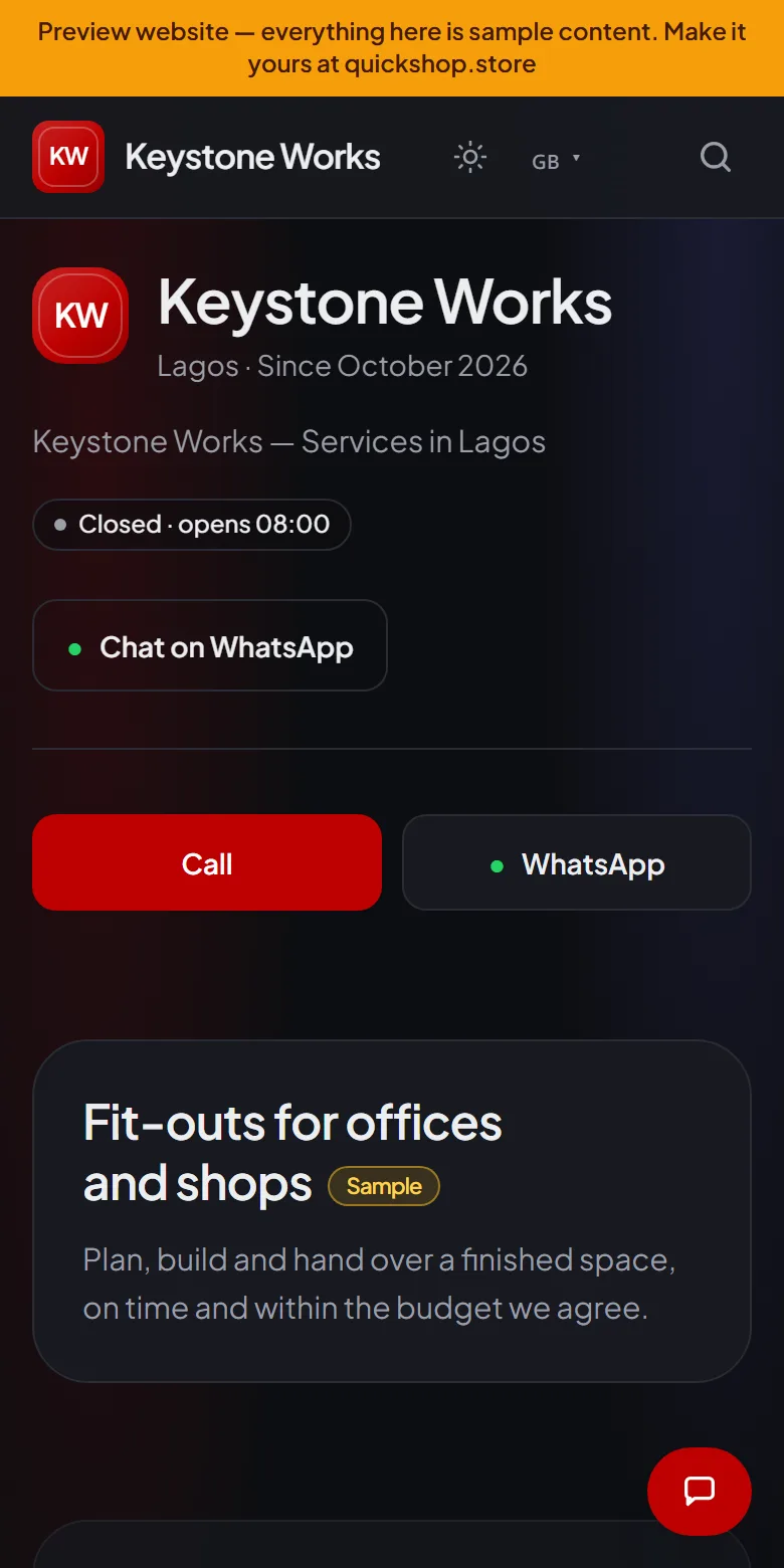 A company website made by QuickShop