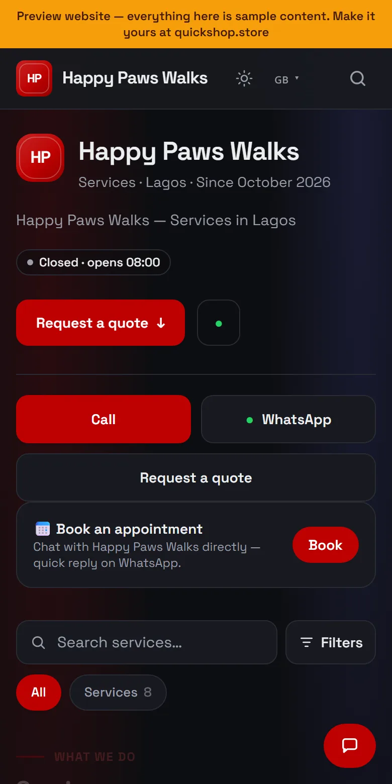 A dog walker website made by QuickShop