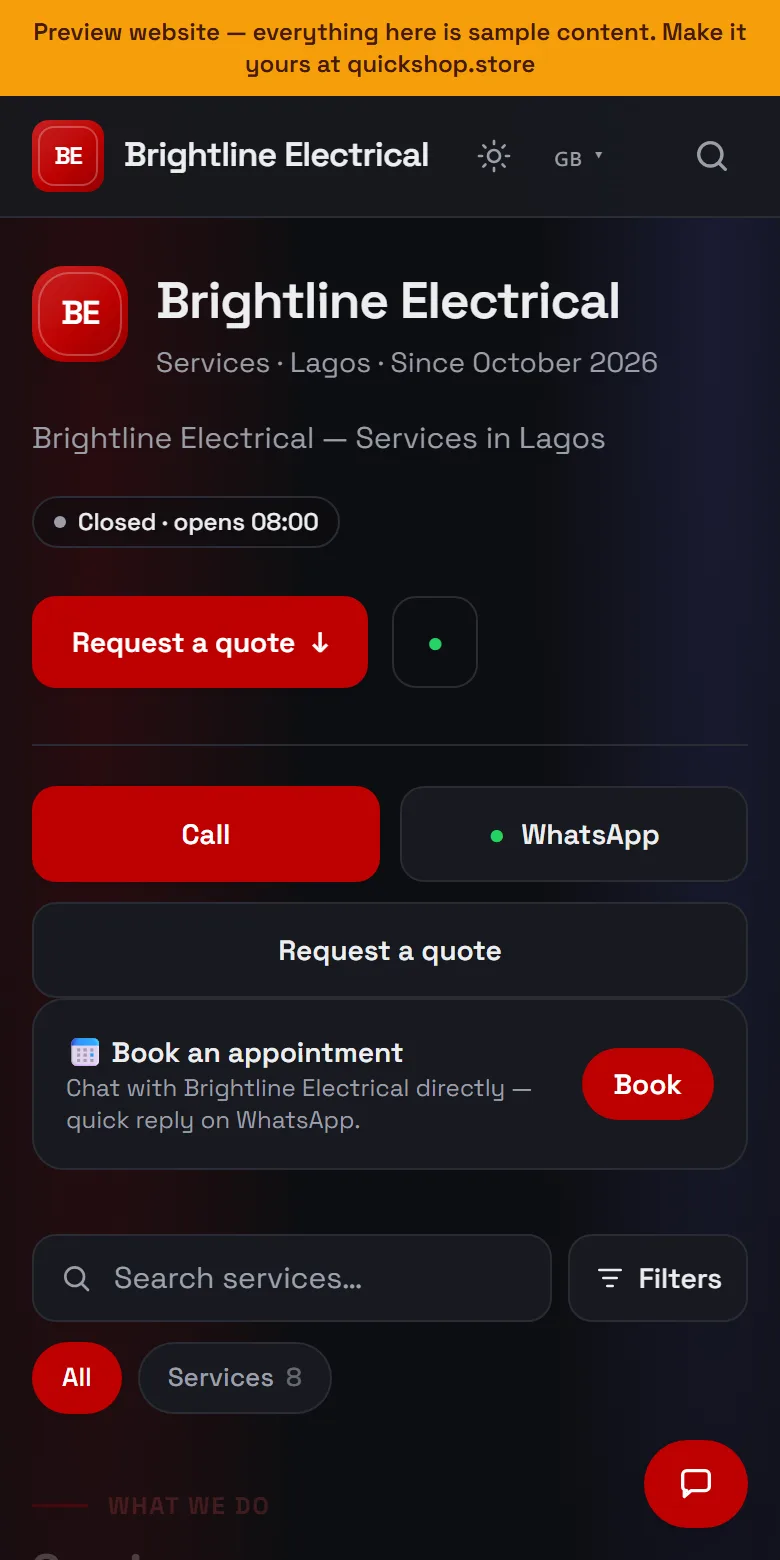 Brightline Electrical: a real QuickShop website for an electrician - services, quotes and bookings