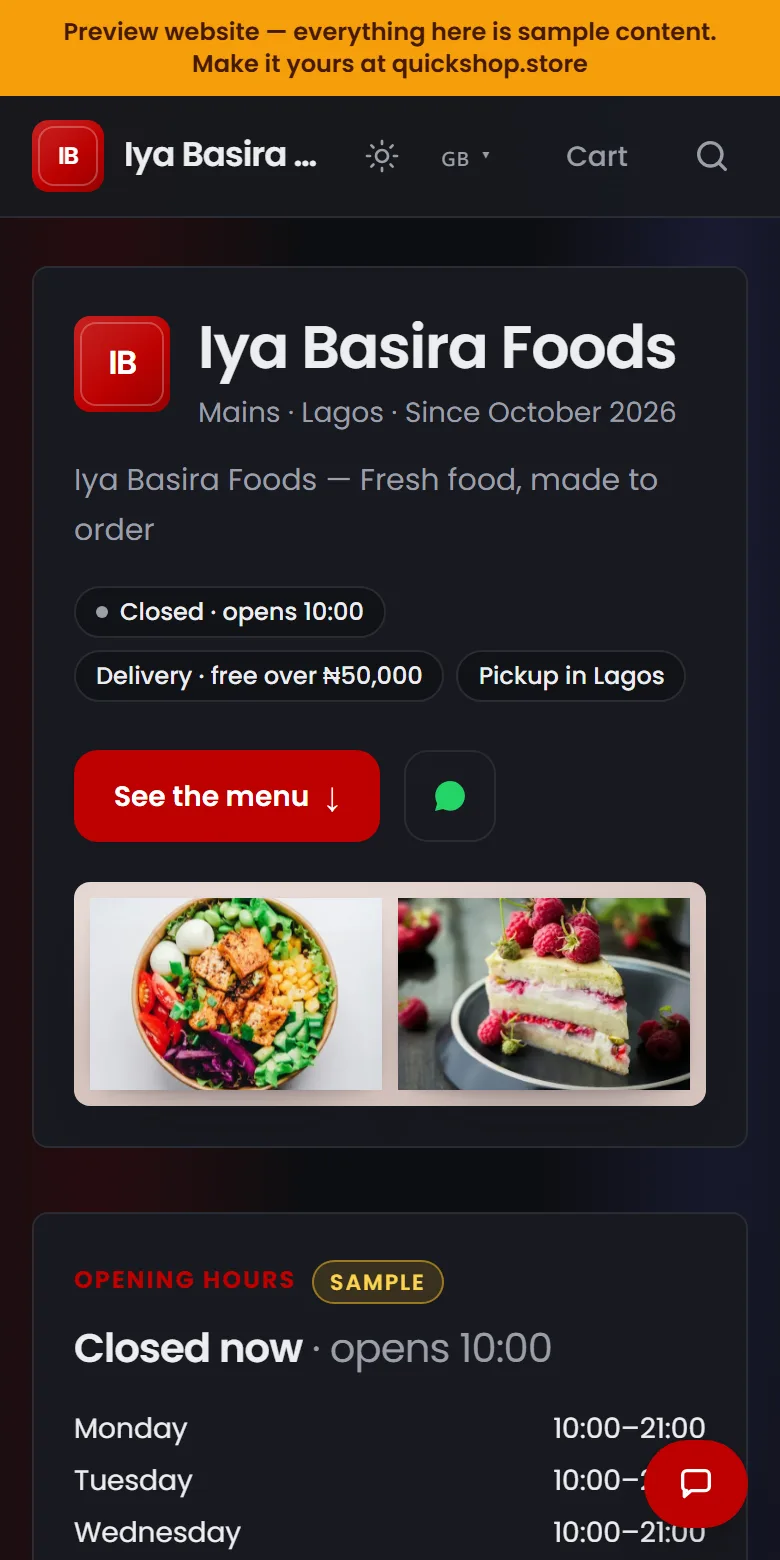A food business website made by QuickShop