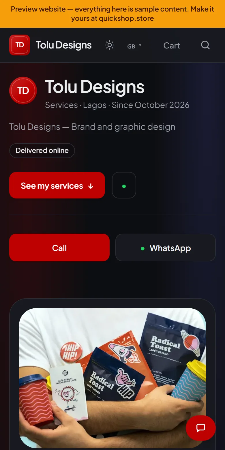 A graphic designer website made by QuickShop