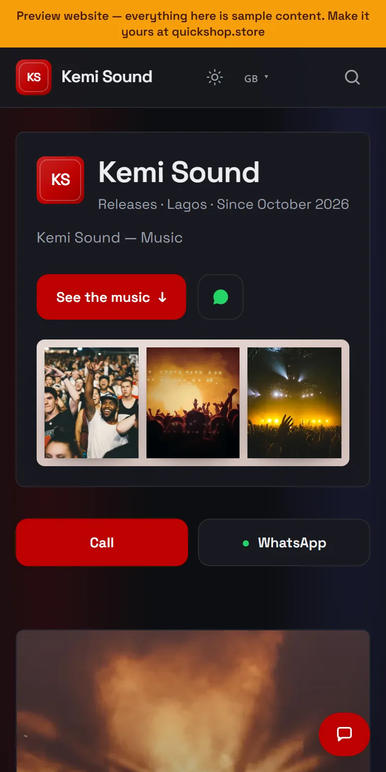 A musician website made by QuickShop