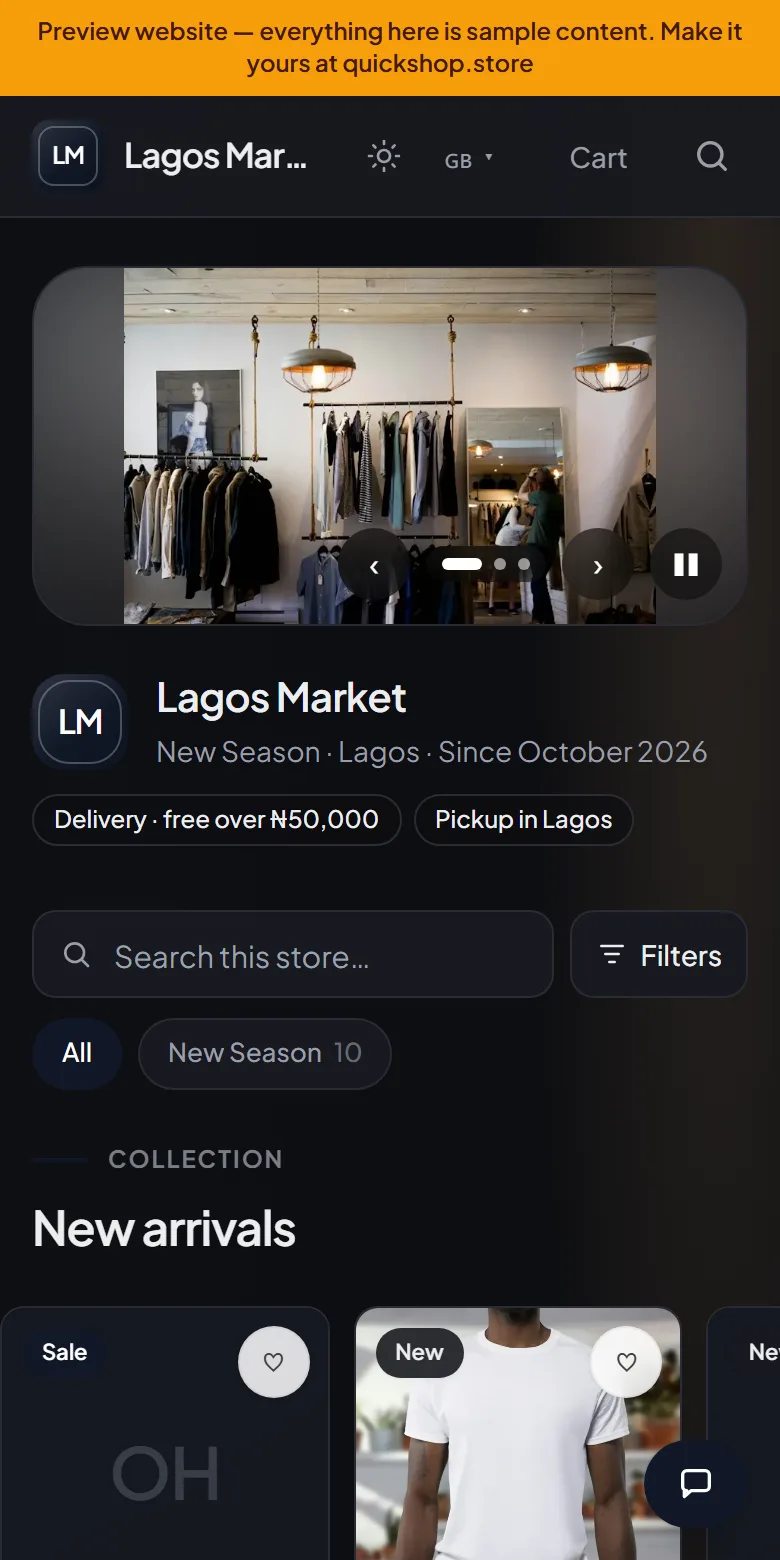 An online store website made by QuickShop