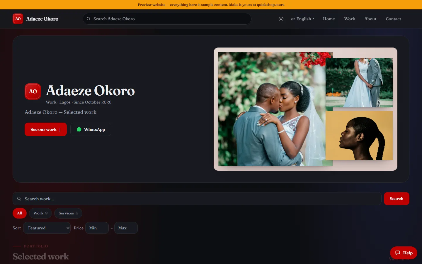A real photographer website made by QuickShop, shown on a desktop