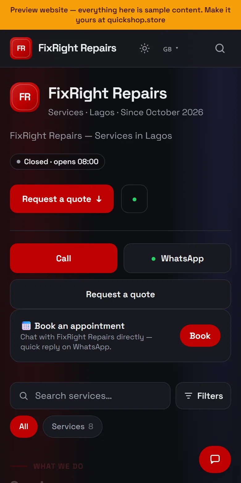 A repairs website made by QuickShop