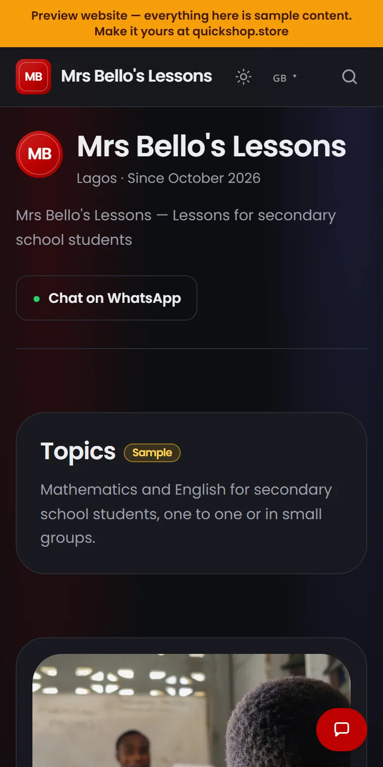 A tutor website made by QuickShop