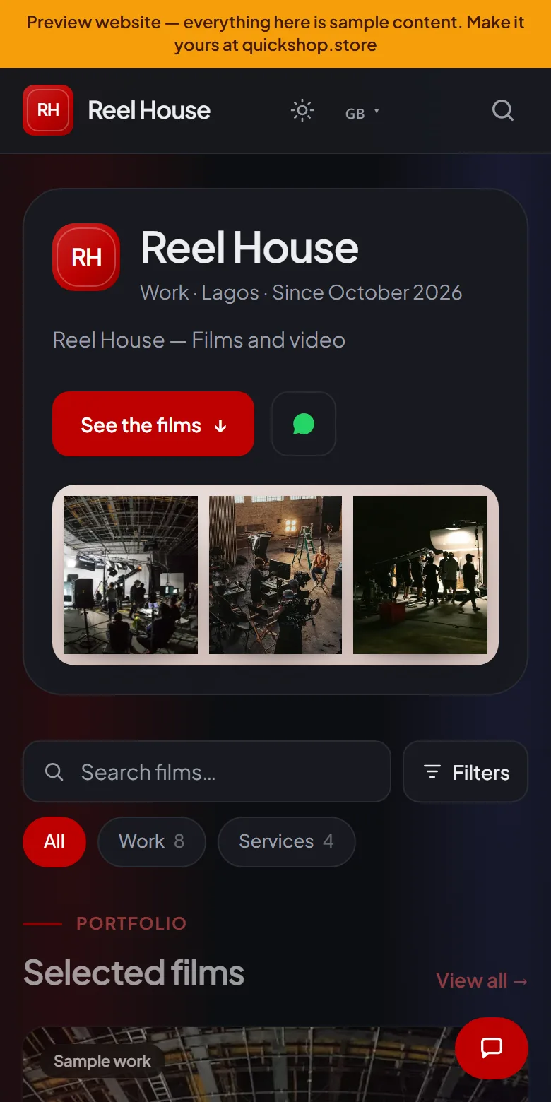 A videographer website made by QuickShop