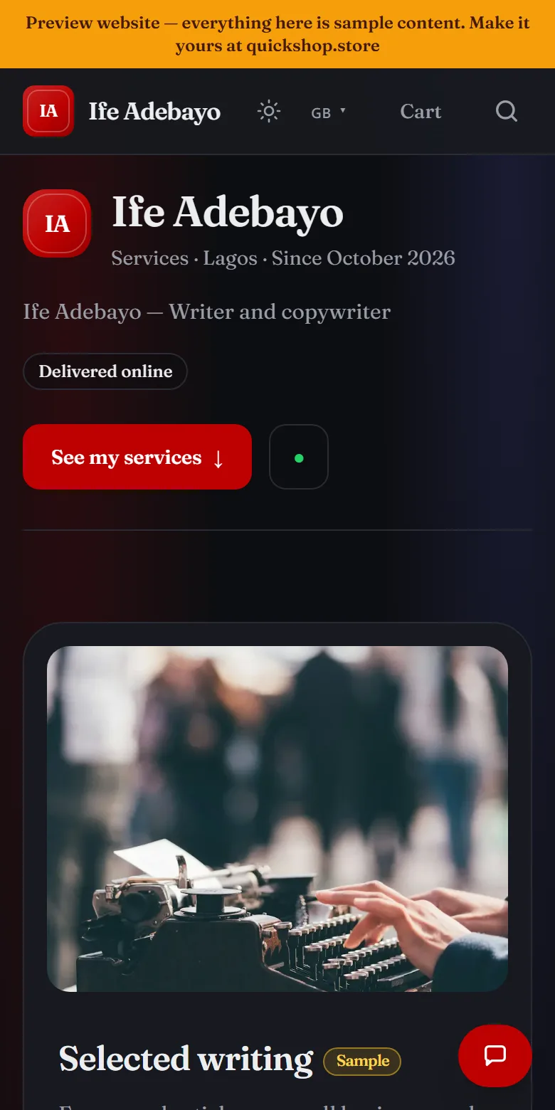 A writer website made by QuickShop